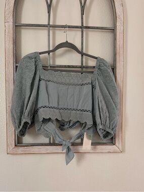 Tularosa Sage Green Puff-Sleeve Tie-Front Crop Top